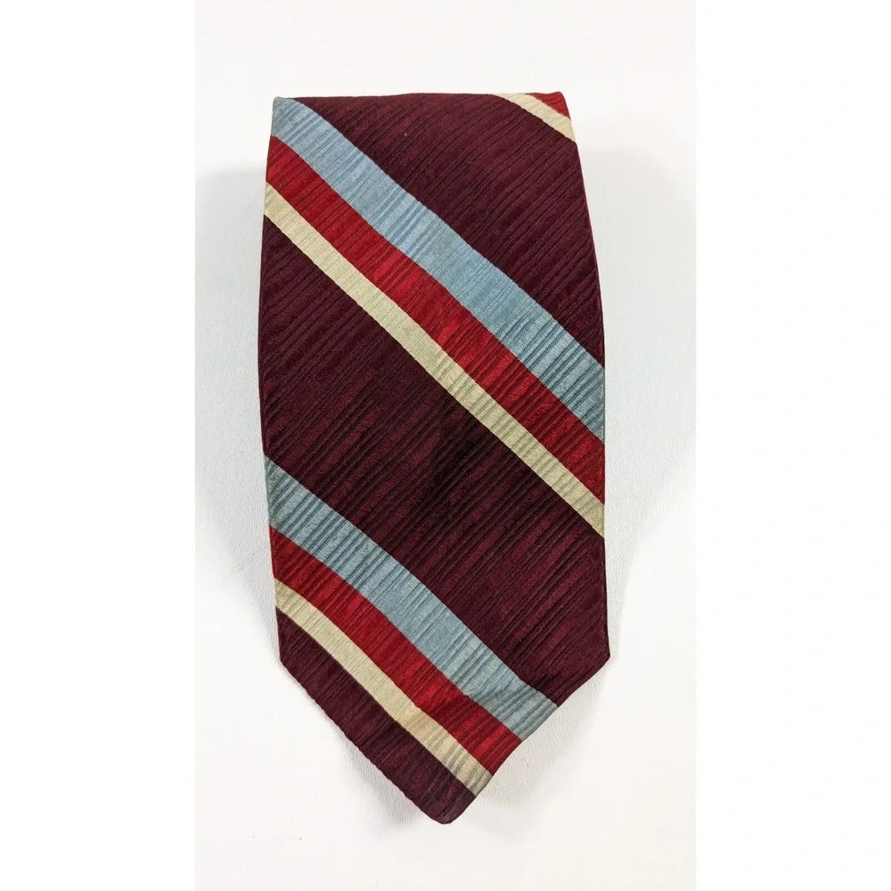 Men's Don Loper Classic Striped Necktie Tie Burgundy Red‎ Blue Gold Silk